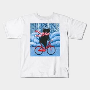 Black Cat Winter Bicycle Ride Kids T-Shirt